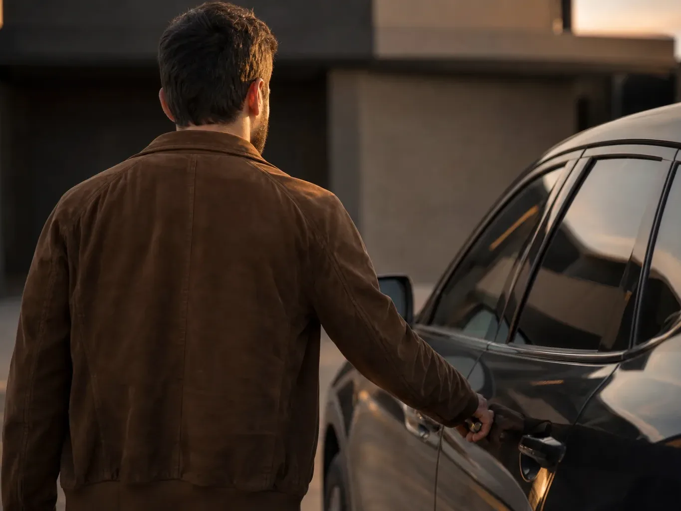 A person in a brown suede jacket reaches for the door handle of a dark car in a car park at dusk, seen from behind