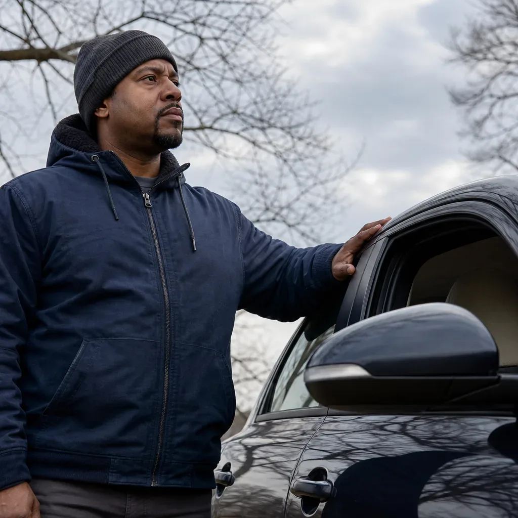 A person in a navy hooded jacket and grey beanie rests one hand on the door frame of a dark car, gazing into the distance beneath a bare-branched winter sky