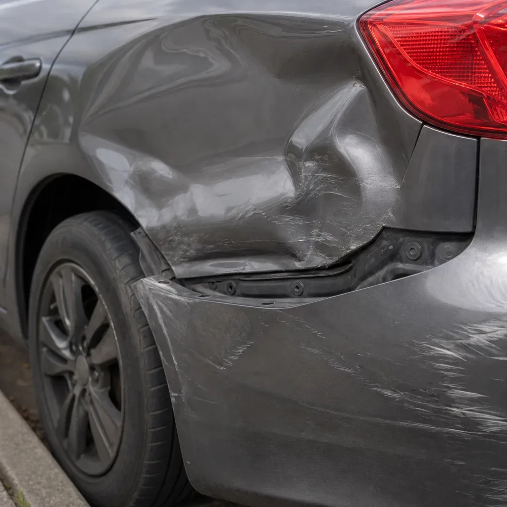 A grey saloon car parked at the kerb with significant collision damage to the rear quarter panel and bumper, including deep dents and scratches